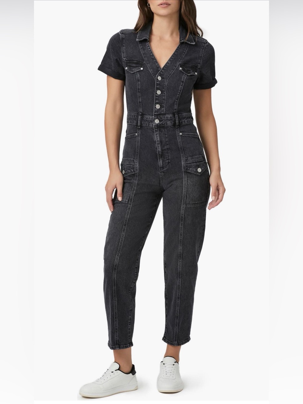PAIGE Alexis Barrel Black Cargo Denim Utility Jumpsuit Short Sleeve Button Front